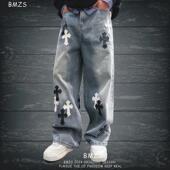 现货 十字架拼接牛仔裤 宽松阔腿裤 直筒洗水cleanfit风格 宽松潮