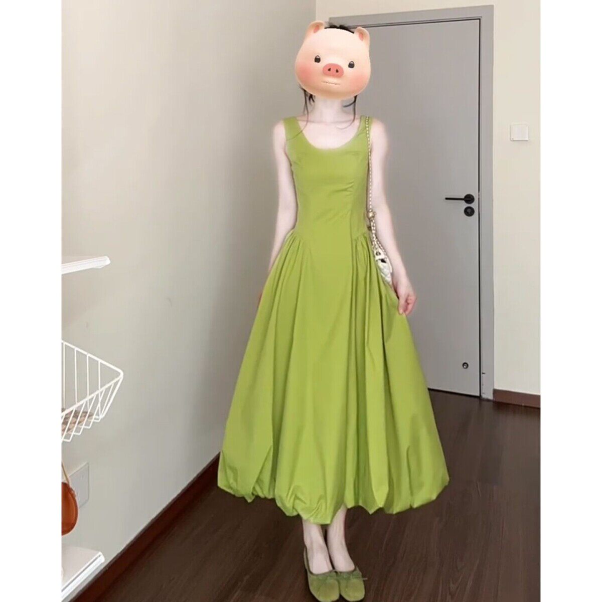 法式绿色无袖吊带裙子女