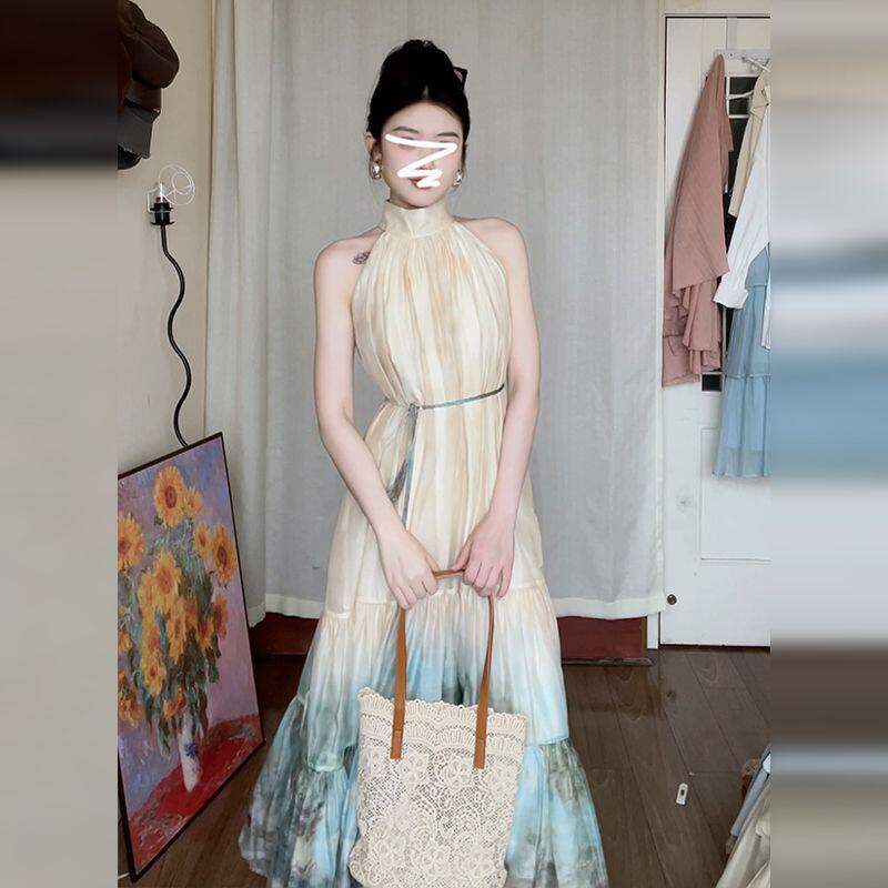 2026新款水墨风无袖挂颈洋装子女装夏季高级感海边度假长裙