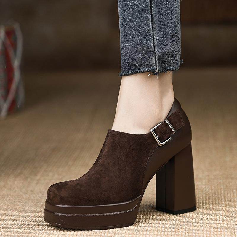 法式厚底防水台深口单鞋女2026春季新款百搭拼接皮带扣方头高跟鞋,女鞋,深口单鞋,淘宝优惠券,粉丝福利购,淘宝优惠卷
