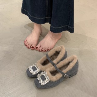 水钻方扣毛毛玛丽珍鞋女秋冬加绒方头一字带粗跟鞋子保暖法式单鞋