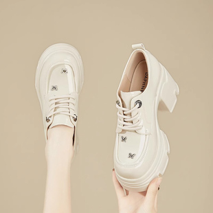 厚底增高乐福鞋女鞋2025年新款春秋系带粗跟单鞋女高跟英伦小皮鞋