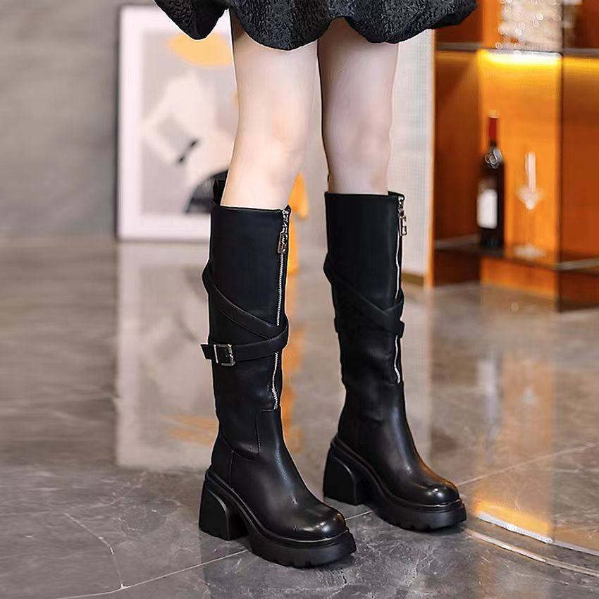 加绒帅气骑士靴女高跟不过膝长靴