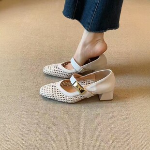 通勤编织透气粗跟凉鞋 4.5cm气质方头金属一字带单鞋 女2026年夏季