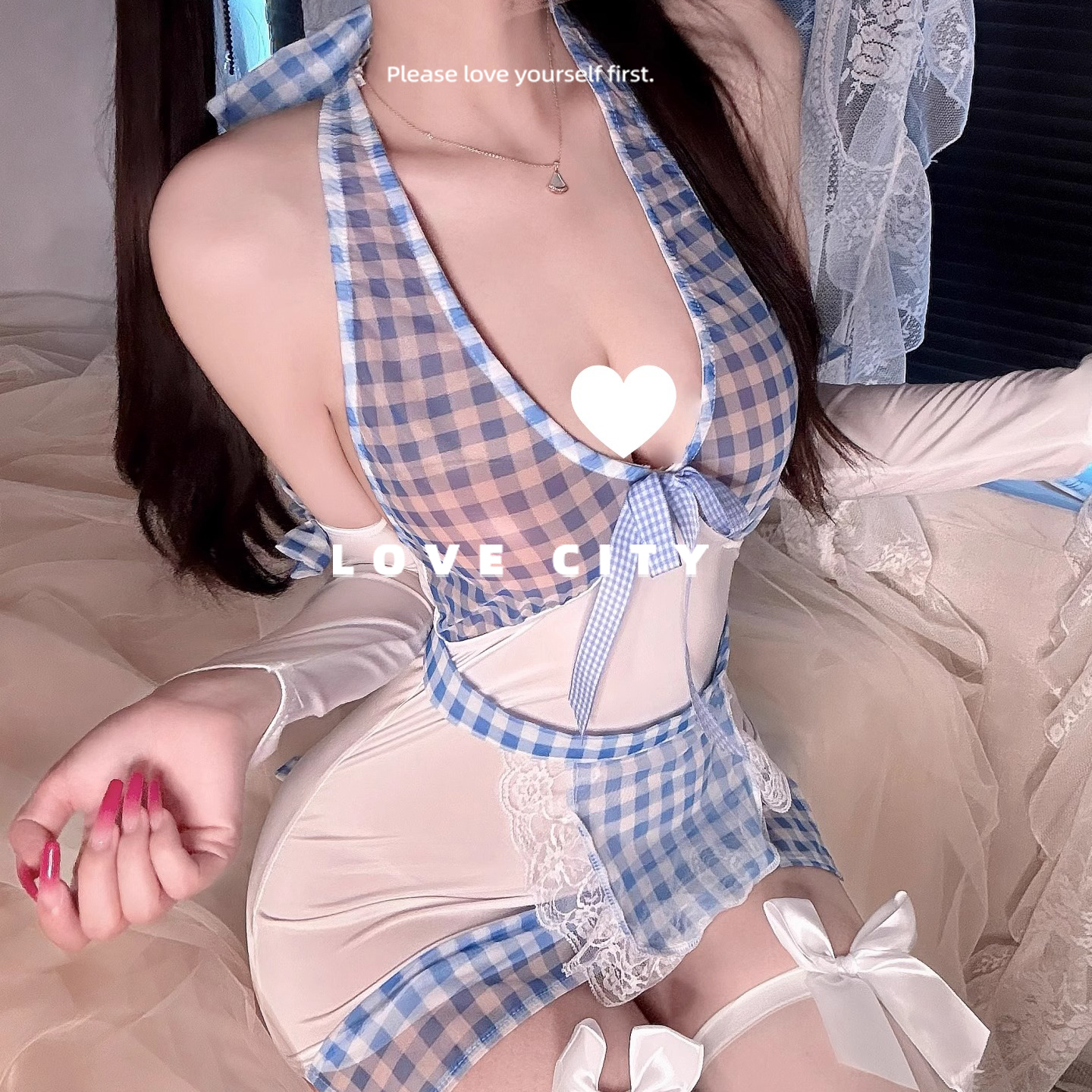 LOVECITY「女佣日记」纯欲女仆制服蓝白格性感包臀裙套装