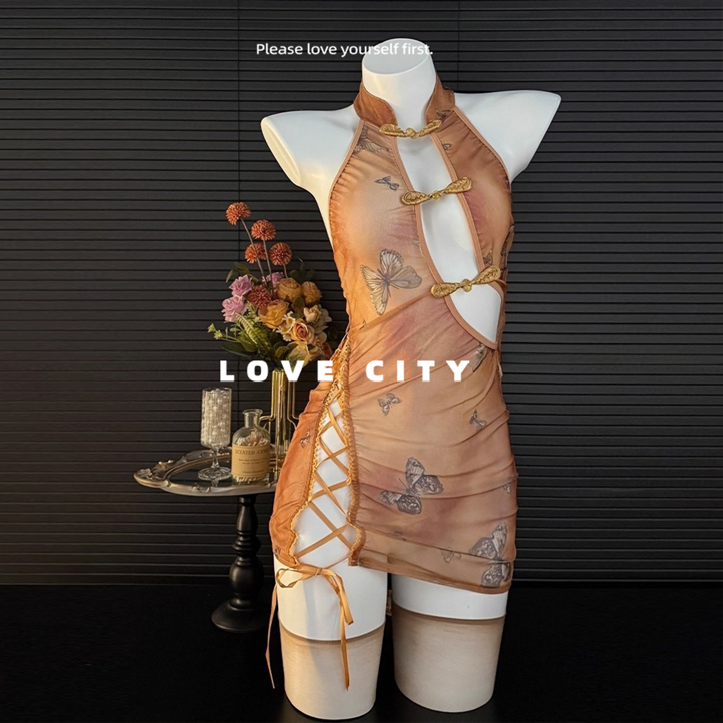 LOVECITY「黄粱一梦」新中式纯欲小胸印花旗袍制服