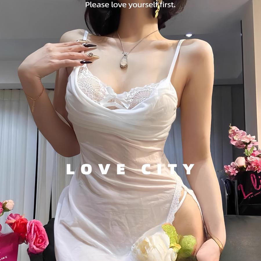 LOVECITY「皎洁女神」性感辣妹吊带薄纱睡裙纯欲风开衩睡衣