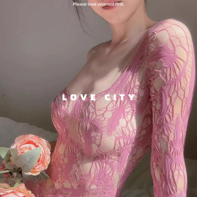 LOVECITY「荔红微醺」粉色性感网眼包臀睡衣镂空挂脖网衣