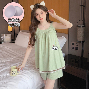 吊带背心睡衣女纯棉夏季加大码胖mm200斤薄款卡通无袖家居服套装