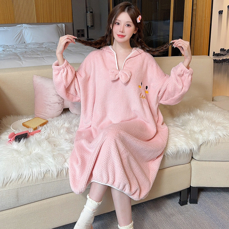 加肥大码浴袍浴裙女士菠萝格纯棉吸水浴衣家用睡裙居家服浴巾连帽