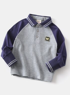 男童长袖POLO拼袖皮标T恤春秋