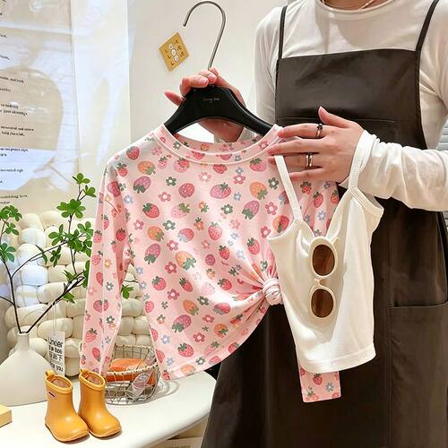 2026超火多巴胺韩系儿童防晒长袖女孩纯色吊带背心女童T恤两件套
