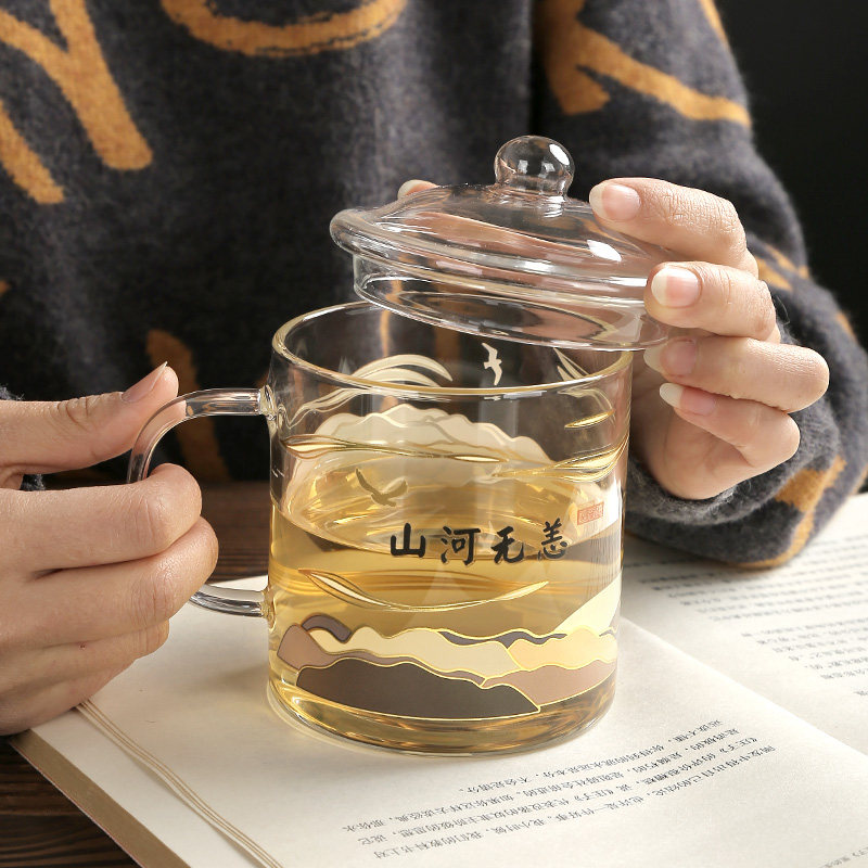 明尚德山河无恙大容量玻璃杯女超大水杯创意个性带盖带把家用茶杯