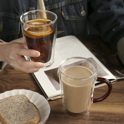 明尚德俊逸俊秀透明耐热双层玻璃水杯咖啡杯果汁杯日用水杯带把