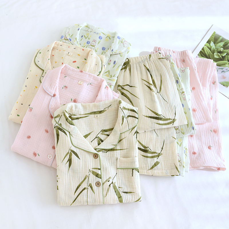 女纯棉睡衣家居服春秋季薄款套装