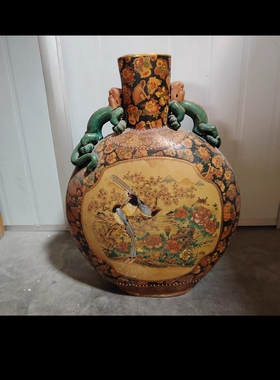 陶瓷手彩花瓶广彩花瓶潮彩花瓶日本彩萨摩真金彩绘老货 重工粉彩