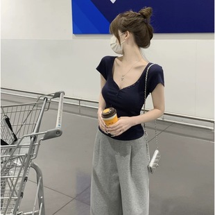 紧身上衣ins 桃心领短袖 t恤女夏法式 修身 显瘦气质纯欲性感辣妹短款