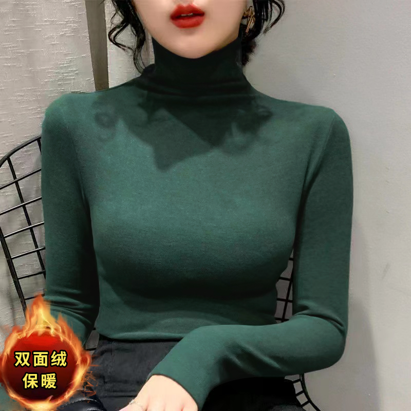 双面德绒加厚堆堆领网红打底衫女秋冬季新款内搭防风护颈保暖上衣