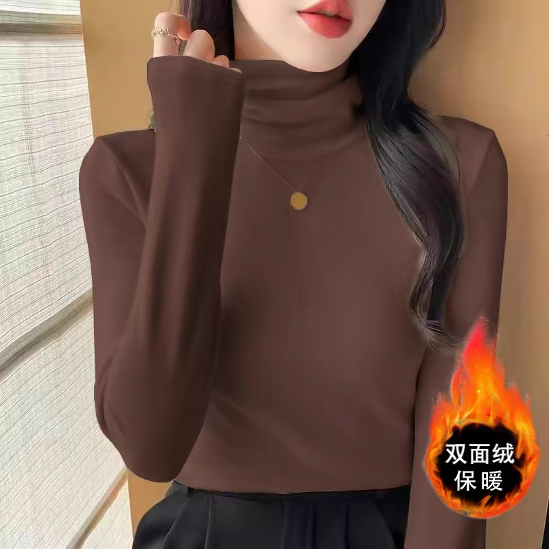 德绒秋冬保暖加厚双面绒堆堆领修身打底衫女防风护颈洋气长袖上衣