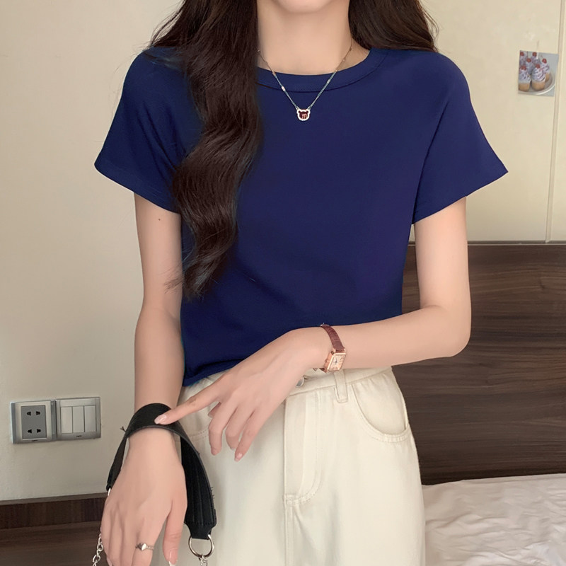 正肩纯棉修身显瘦短袖多色圆领体恤港风chicT恤女2026夏新款上衣