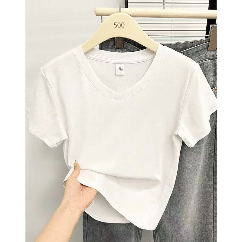 纯棉白色纯欲风辣妹时尚显瘦V领短袖T恤简约上衣女装高级ins甜辣
