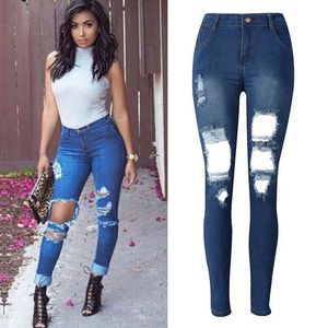 lady bullet hole drilling jeans tight pencil pants