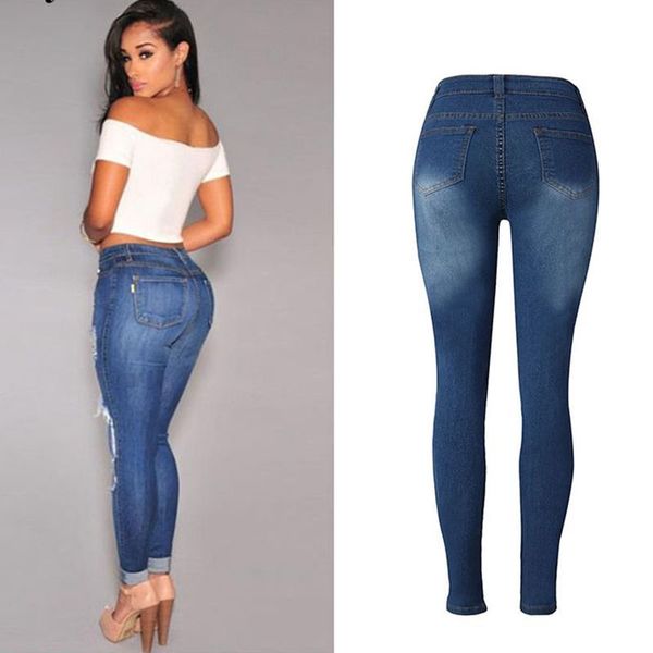 lady bullet hole drilling jeans tight pencil pants