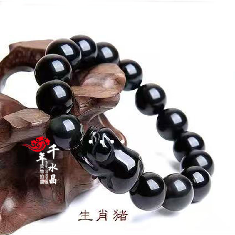 天然黑曜石黑水晶十二生肖立体鼠牛虎兔龙蛇马羊猴鸡狗猪招财手链