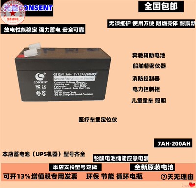 CONSENT光盛蓄电池GS12V1.3AH适用医疗器械电梯门禁安防应急灯