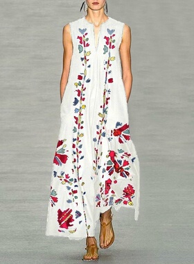 2021亚马逊wish新款爆款 时尚新款深V领印花连衣裙 无袖长裙