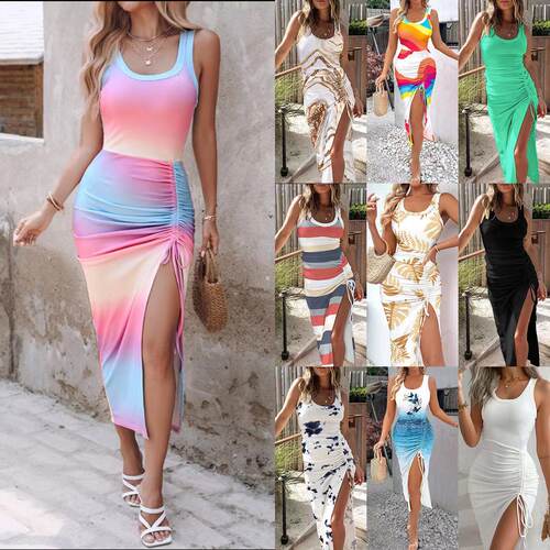 women dress 欧美女装新款收腰 性感开叉修身印花背心连衣裙