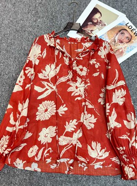 布谷-2026春上新红色花卉印花灯笼袖衬衫100苎麻衬衫YS252-G416