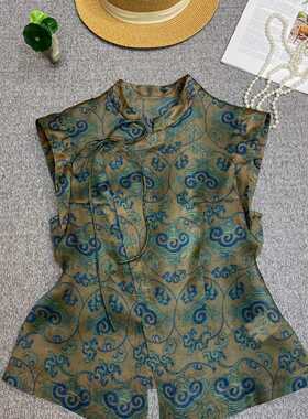 布谷-如意纹收腰系带立领斜襟藏肉显瘦小衫(配腰绳)YS224-G413