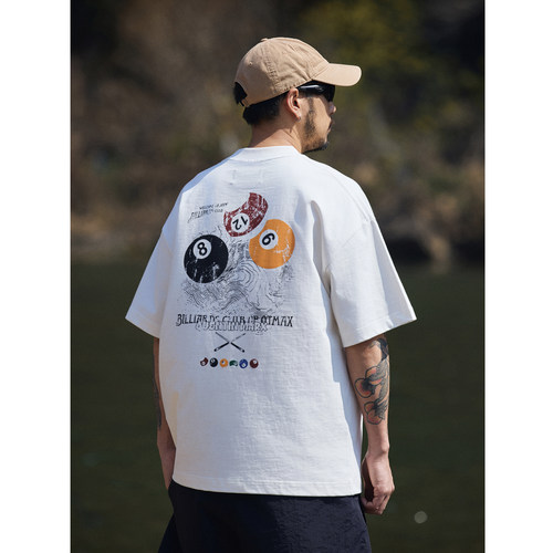 QuentinMarx日系重磅男士短袖桌球印花纯棉T恤休闲宽松圆领潮牌夏