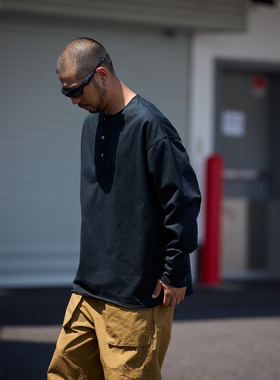 QuentinMarx日系复古亨利领男士长袖t恤宽松休闲潮牌套头打底衫秋