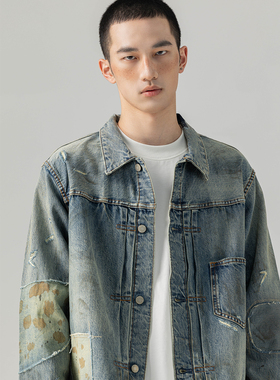 Quentin Marx日系复古男士牛仔衣水洗做旧外套宽松休闲潮牌春季