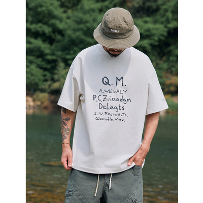 QuentinMarx日系重磅男士纯棉宽松圆领夏季上衣短袖t恤男女大码潮