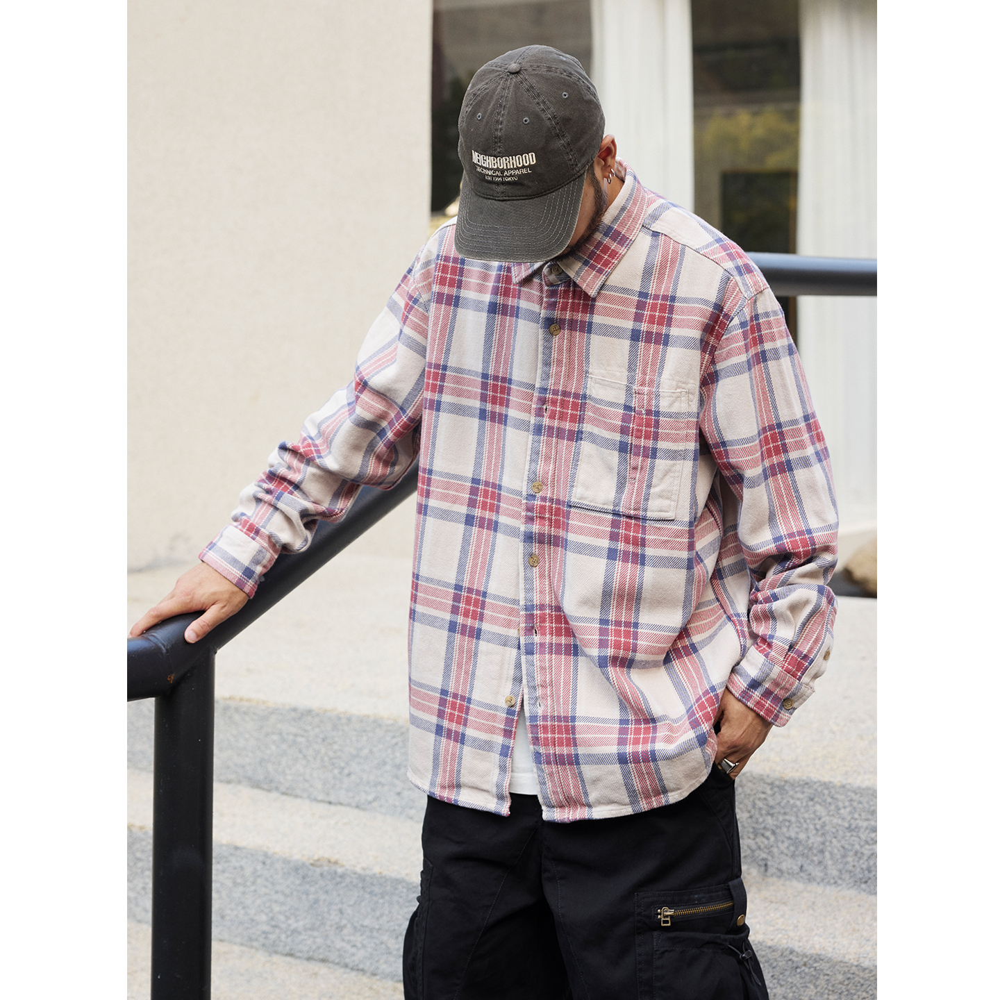 Quentin Marx日系复古男士格子衬衫水洗长袖衬衣宽松休闲潮牌秋季