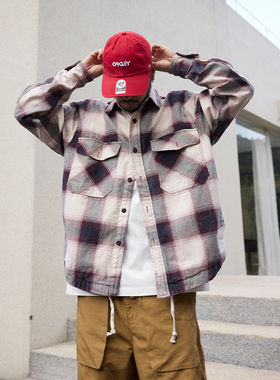 Quentin Marx日系做旧男士长袖格子衬衫宽松休闲潮流衬衣外套秋冬