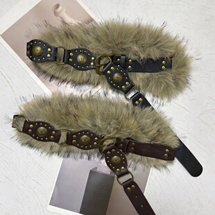 新款复古美式亚文化朋克风个性y2k毛毛拼接腰带辣妹皮草配饰皮带