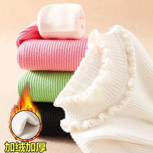 女童毛衣冬装加绒珍珠荷叶半高领毛衣中大童百搭黑色打底针织衫