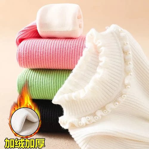 女童毛衣冬装加绒珍珠荷叶半高领毛衣中大童百搭黑色打底针织衫