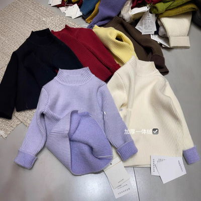 儿童一体绒针织打底衫2025冬季新款男女童加绒加厚半高领内搭毛衣