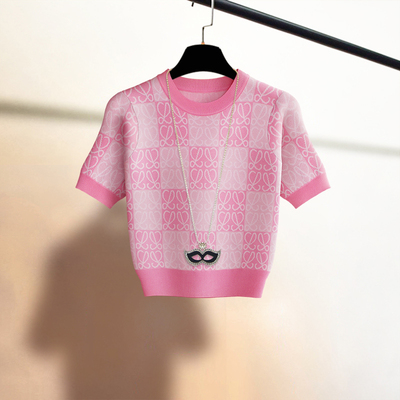 高腰粉色提花短袖t恤套头圆领