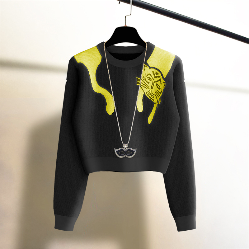 老虎刺绣高腰套头毛衣