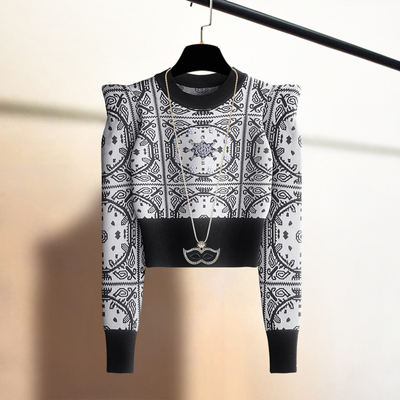 镶钻泡泡袖高级感高腰套头毛衣