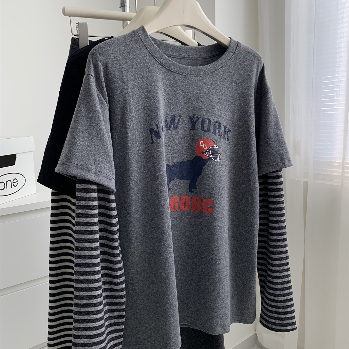 美式复古小狗印花假两件长袖T恤