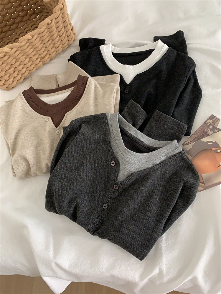 春秋假两件拼色圆领长袖T恤