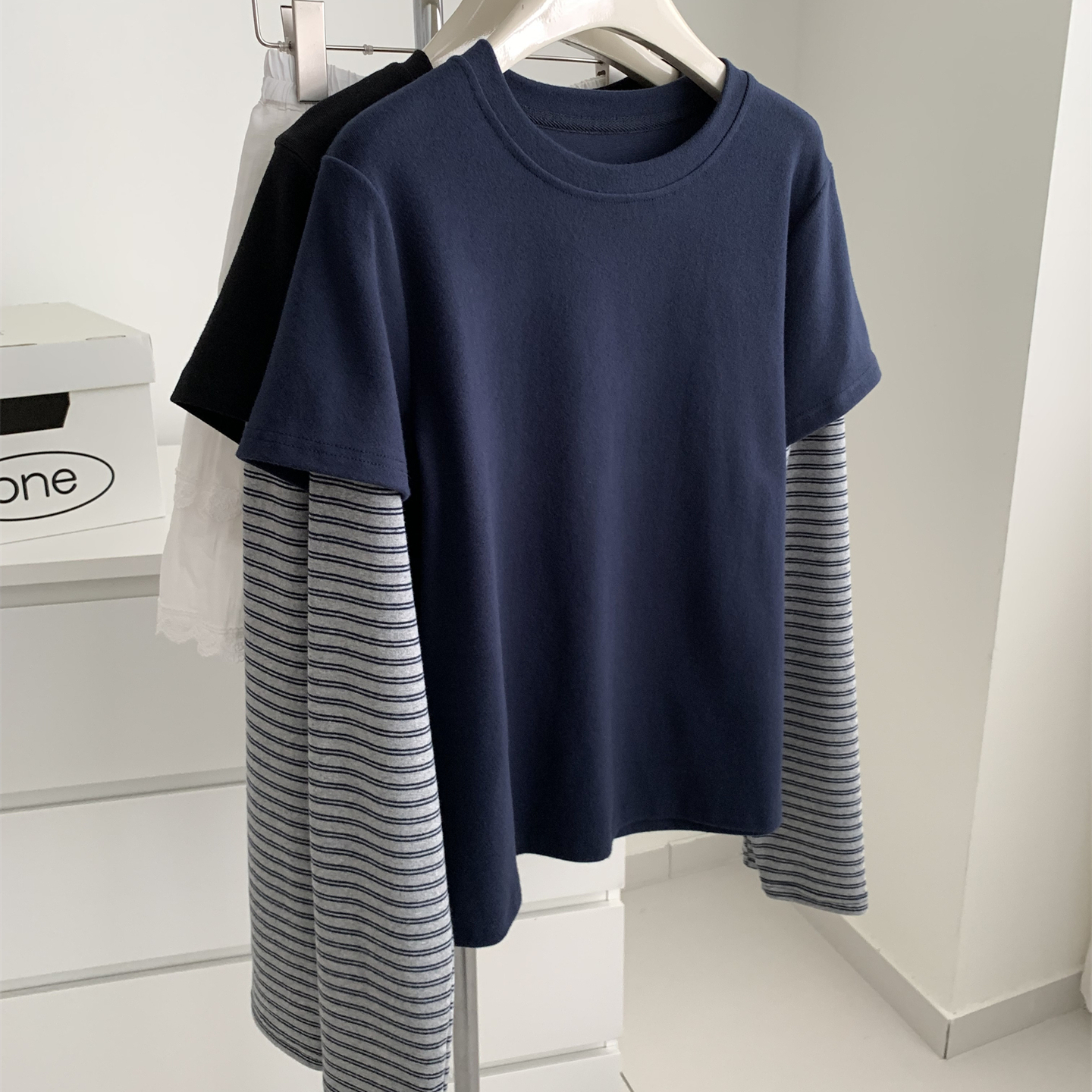 秋冬磨毛拼接长袖T恤打底衫