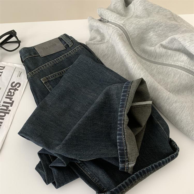 做旧深蓝色高腰直筒牛仔裤